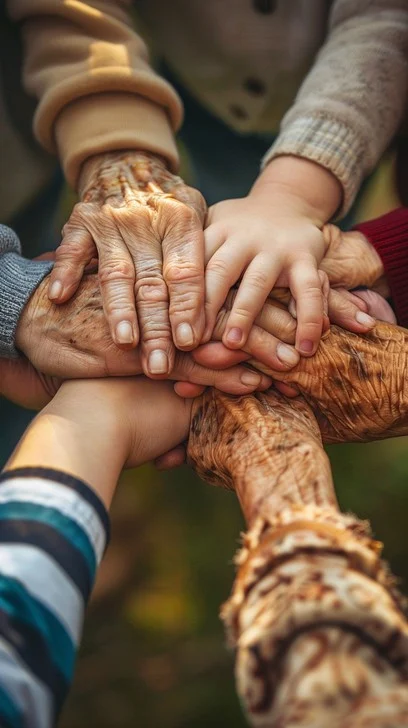 Multiple hands of many generations supporting each other